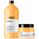 Shampoo  e máscara um ao lado do outro. Embalagens plásticas na cor amarela com detalhes em preto.