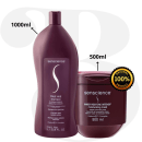 A imagem mostra dois produtos da marca Senscience. As embalagens possuem cor vinho. Um é um frasco é alongado e traz o shampoo e o outro é um pote arredondado com a máscara capilar.