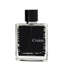 Perfume em frasco retangular transparente com rótulo preto. Embalagem com o nome "Cruise" impresso em letras brancas. Frasco com tampa preta fosca. Produto da marca Riiffs.