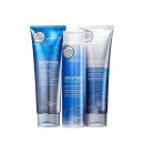 A imagem mostra um condicionador em um tubo azul e prateado de 250ml. O segundo é uma máscara capilar em um tubo prata e azul de 250ml. O terceiro é um shampoo em um frasco azul de 300ml.