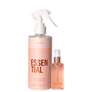 Este é um conjunto de dois produtos para o cabelo da Braé Hair Care. Inclui um spray de reparação capilar e um óleo de brilho para cabelos danificados.