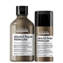 A imagem mostra dois produtos de tratamento capilar da linha L'Oréal Professionnel Serie Expert Absolut Repair Molecular. Um é um shampoo profissional em um frasco plástico marrom de 300ml. O outro é uma máscara capilar sem enxágue de 100ml.
