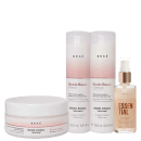 A imagem mostra uma linha de produtos para cabelos loiros da marca Braé. Há dois frascos de shampoo e condicionador da linha "Blonde Repair", um pote menor chamado "Bond Angel Treatment" e um spray de óleo capilar Essential.