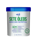 Embalagem plástica branca e azul da marca Widi Care contendo "Sete Óleos - Máscara Nutritiva" com ingredientes como semente de uva, moringa, macadâmia e outros óleos vegetais.
