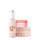 Conjunto de produtos Braé, incluindo um frasco de spray reparador de cabelos Essential, um pote de máscara capilar Intense Repair e um pote de Hair Protein, todos em tons de rosa e branc