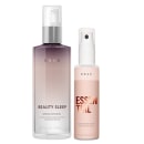 Produtos de cuidados capilares da marca Braé. Um frasco spray rosa claro com o rótulo "Essential Hair Repair Spray" para reparação capilar. Um frasco maior de vidro fosco na cor roxa com o rótulo "Beauty Sleep" descrito como um sérum noturno nutritivo.