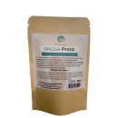 A imagem mostra uma embalagem de papel kraft da Argila Preta. O rótulo apresenta algumas informações como benefícios, modo de uso e sinaliza que o pacote tem 50g