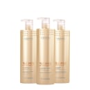 São três frascos de plástico na cor pérola com bombas dosadoras na parte superior. Possuem um design cilíndrico e 1L.