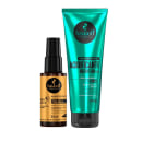 O primeiro item é um reparador de pontas com o nome "Cavalo Forte" em embalagem de frasco com tampa preta. O segundo item é uma máscara capilar com o nome "Acidificante Redutor de pH" em embalagem de tubo com tampa verde.