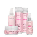Produtos Cadiveu Professional com embalagens em tons de rosa e branco, incluindo shampoo, condicionador, máscara e leave-in da linha "Quartzo Shine" e hashtag "#glossyhair".