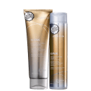 A imagem mostra dois frascos com shampoo e condicionador em tom prateado e dourado. Ambos os frascos exibem o logotipo Joico.