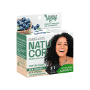 A imagem mostra a embalagem da Tintura Embelleze Natucor 2.1 Preto Especial, com tons de verde e branco e a imagem de uma modelo com cabelos cacheados pretos. O produto é anunciado como uma fórmula vegana, suave, sem chumbo, amônia ou água oxigenada.