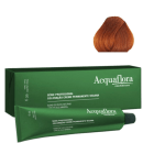 Caixa verde e tubo de creme permanente vegano da série profissional da marca Acquaflora, com rótulo indicando a coloração 8.44 Louro Claro Cobre Intenso.