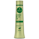 O produto apresentado é um shampoo da marca Haskell, chamado Jaborandi. A embalagem é um frasco plástico de cor verde clara, com um rótulo verde escuro contendo o nome do produto e a indicação "Antiqueda". O frasco possui um tamanho de 500ml.