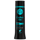 Shampoo da marca Haskell, chamado "Cachos Sim!". A embalagem contém informações sobre o produto, como "Nutrição e Definição" e "Óleo de Coco e Colágeno Vegetal". O frasco possui um formato cilíndrico e uma tampa preta. O tamanho do produto é de 300ml.