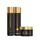 Dois frascos dourados e pretos da linha Sebastian Professional, contendo produtos para cabelo, acompanhados de um pote preto e dourado, provavelmente um produto complementar da mesma marca.