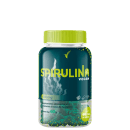 Frasco de suplemento alimentar de Spirulina Vegan, com 60 cápsulas de 480mg cada. Embalagem verde escuro com detalhes em verde-limão, exibindo o nome do produto em destaque.