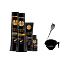 Shampoo e condicionador de 500ml cada, leave-in de 150g, tratamento capilar de 35ml, uma cumbuca preta de plástico e um pincel para cabelos. Todos da linha Cavalo Forte de Haskell