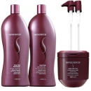 A imagem mostra dois frascos grandes de plástico vinho contendo shampoo e condicionador, além de um pote redondo de plástico roxo com máscara capilar. Ao fundo duas válvulas pump com a parte de cima no mesmo tom dos frascos.