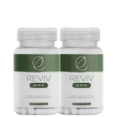 Dois frascos de cápsulas de suplemento alimentar Reviv ame, com 60 cápsulas de 500mg cada, em embalagem branca com detalhes verdes e logotipo da marca.