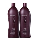 A imagem mostra dois frascos de plástico roxo escuro de shampoo e condicionador da linha True Hue Violet da marca Senscience. Os frascos têm formato cilíndrico e tampas da mesma cor. Nas embalagens, há o logotipo da marca em branco e as descrições.