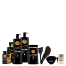 Kit com shampoo, condicionador, máscara, leave-in, tônico capilar, reparador de pontas e complexo capilar da linha Cavalo Forte da marca Haskell. Acompanha combo com pincel, escova mágica, pote e máscara Ora Pro Nobis em tamanho mini.