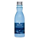 Garrafa azul de 250ml. Embalagem com rótulo "Phytoderm Marine água perfumada deo colônia". Tampa metálica prateada rosqueada. Design simples com logotipo da marca e detalhes em branco sobre fundo azul marinho.