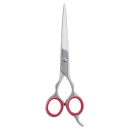 As tesouras de corte de cabelo da Vertix apresentam um design elegante e moderno. Elas possuem um corpo metálico prateado com detalhes em vermelho nos anéis de apoio para os dedos.