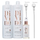 Este é o kit Braé Divine para cabelos lisos e com frizz. Contém shampoo e condicionador antifrizz que promovem brilho e maciez, e uma máscara capilar líquida de queratina para um tratamento ultra suavizante.