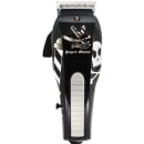 A imagem mostra uma máquina de corte da marca BaByliss Pro, modelo Super Motor. O corpo principal é preto com detalhes em branco e cinza, apresentando um design temático de caveira estilizada impressa.