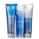 A imagem mostra um condicionador em um tubo azul e prateado de 250ml. O segundo é uma máscara capilar em um tubo prata e azul de 250ml. O terceiro é um shampoo em um frasco azul de 300ml.