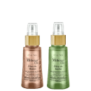 Dois frascos de óleo cosmético da marca Amend, um de óleo de monoi (cor rosada) e outro de óleo de inchi (cor verde), ambos com 60ml e embalagem com detalhes dourados.