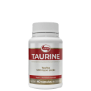 Frasco branco contendo cápsulas de suplemento alimentar de taurina, com 1.000 mg por porção, produzido pela Vitafor usando tecnologia japonesa, com 60 cápsulas de 550 mg cada.