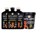 A imagem mostra 4 produtos da linha Morte Súbita de Lola From Rio. 2 frascos de shampoo e um frasco de condicionador, todos os 3 são retangulares com tampa rosqueável. Ao lado há um pote redondo da máscara.