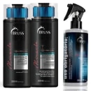 A imagem mostra três produtos da marca TRUSS, com dois frascos pretos de shampoo e condicionador da linha Miracle, com detalhes em azul e rosa claro, e do lado direito, um borrifador plástico preto com fundo azulado.