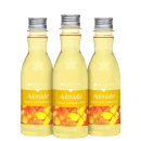 Três garrafas amarelas com rótulo de flores amarelas e letras brancas.