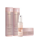 Conjunto de produtos para cabelos da marca Brae. Dois frascos de shampoo e condicionador da linha Glow Shine. Um frasco pequeno de spray reparador capilar Essential. Uma máscara capilar Glow Shine em embalagem rosa.