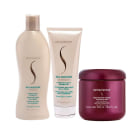 Um frasco de shampoo, um tubo de condicionador e um pote de máscara capilar.