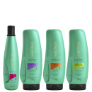 A imagem mostra um kit com shampoo, gelatina capilar e finalizadores capilares para cabelos crespos, ondulados e cacheados. Todos os frascos são cilíndricos na cor verde claro com detalhes coloridos.