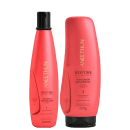 A imagem mostra um kit de produtos da linha Restore System. Mostra um frasco cilíndrico do shampoo e ao lado um frasco do finalizador ao lado. Ambos são laranjas com detalhes na cor dourada e preto.