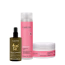 Conjunto de produtos Cadiveu Professional, incluindo um frasco de óleo de tratamento Açaí Oil de 60ml, um frasco de shampoo Glamour de 250ml e um pote de máscara Strength Mask de 200ml, com embalagens em tons de rosa e dourado.