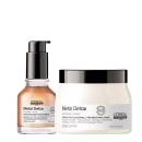 Dois produtos de tratamento capilar da linha Metal Detox da L'Oréal Professionnel. Um óleo concentrado profissional de cor âmbar. O outro é uma máscara profissional cremosa.