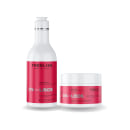 Produtos de cabelo TreeLiss Profissional da linha Spa dos Lisos. Um shampoo nutritivo de 300ml, com rótulo vermelho e detalhes em preto. Uma máscara de nutrição e hidratação em pote de 250g, com rótulo vermelho e detalhes em preto.