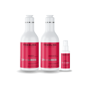 Dois frascos de 300ml cada, com rótulos vermelhos contendo o texto "TREELISS PROFISSIONAL" e "SPA DOS LISOS". Um shampoo para cabelos lisos e um condicionador. Há também um frasco menor de spray vermelho de 60ml com o texto "SPRAY LISO+" da mesma linha.