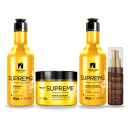 Produtos de cuidados capilares da linha Supreme da marca TreeLiss Profissional. Inclui dois frascos de 300ml contendo shampoo e condicionador. Um pote de 250g com banho de verniz para recuperação e hidratação capilar. Um frasco de 75ml com sérum capilar.