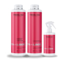 Produtos de tratamento capilar TreeLiss Profissional. Dois frascos grandes de 1 litro cada, indicando "Shampoo Limpeza Profunda" e "Tratamento Alinhamento dos Fios". Um frasco menor spray de 250ml na mesma cor vermelha, com rótulo "Spray Alinhador".