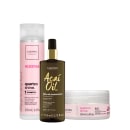 Conjunto de produtos Cadiveu Essentials, incluindo um frasco de shampoo rosa de 250ml com rótulo "#glossyhair" e um pote de máscara branca de 200ml, além de um frasco de óleo de tratamento Acai Oil de 110ml.
