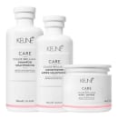 linha de cuidados para cabelos coloridos da marca Keune. Ela consiste em um shampoo, um condicionador e uma máscara, todos com a mesma embalagem branca e rosa.