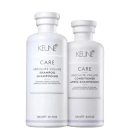 O frasco da esquerda é o Shampoo Absolute Volume, enquanto o da direita é o Condicionador Absolute Volume. Ambos os frascos possuem rótulos com o nome da marca Keune e a linha "Care" impressos em cinza