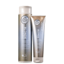 A imagem mostra produtos Joico Blonde Life: um shampoo e um condicionador, com embalagens em tom dourado prateado e branco. As embalagens apresentam o logotipo Joico e informações do produto.